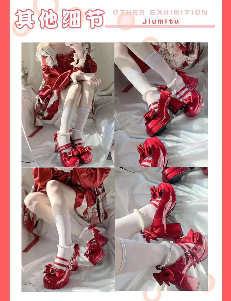 Lolita Shoes New Japanese Cute Round Head Pearl Bow Clips Leather Shoes Pumps Women Mary Jane Shoes High Heels Girls