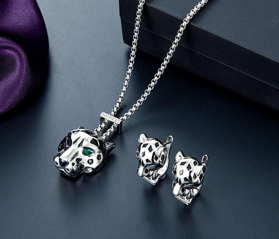 Zlxgirl Green Eye Jet leopard pendant with Earrings Jewelry Set AAA micro pave cubic zircon copper necklace sets fashion jewelry