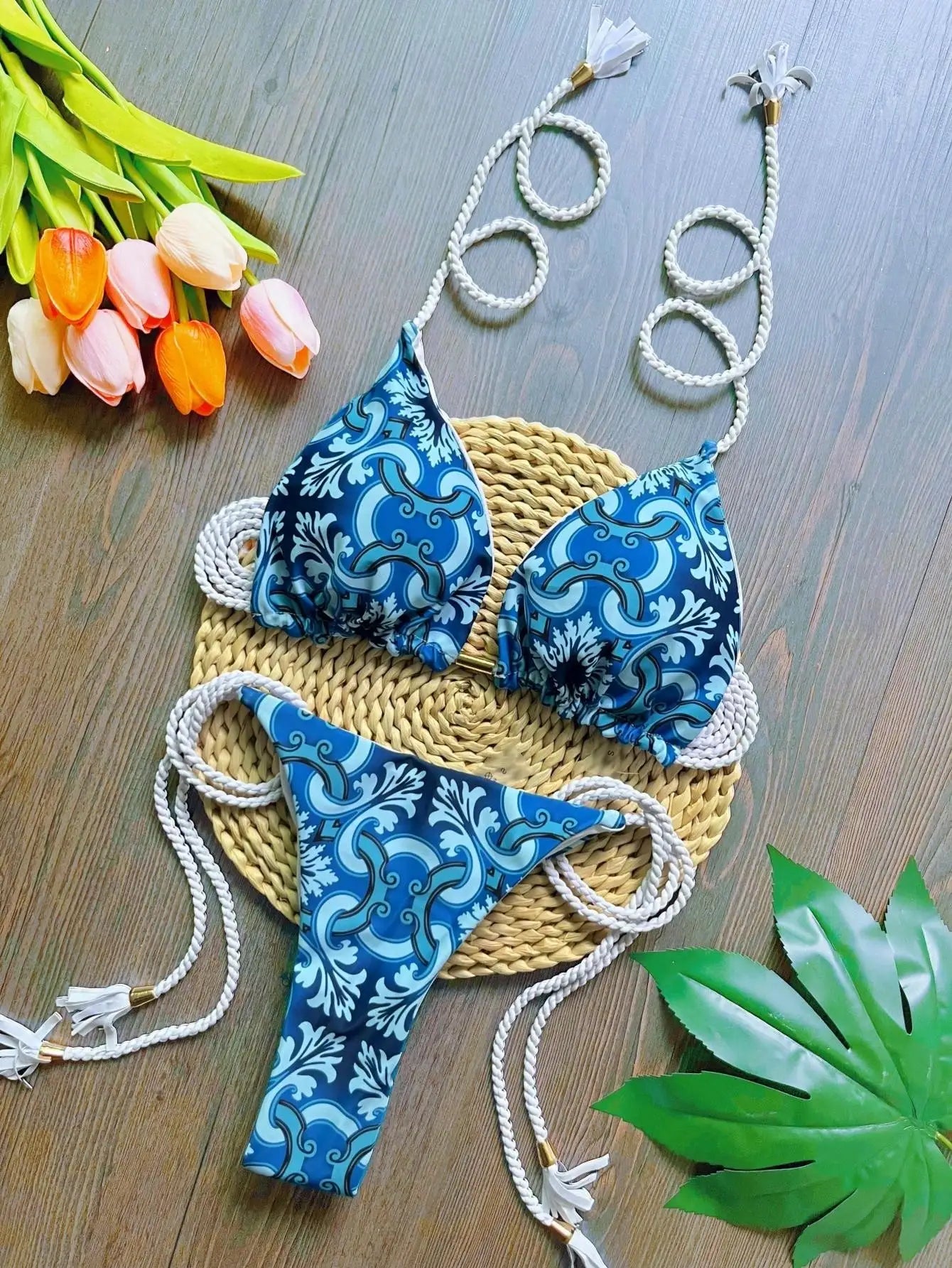 RUOTONSEPT 2024 Sexy Print Women's Swimsuit Braiding rope Bandage Bikinis Set Triangle Swimwear Bathing Suit Brazilian Biquinis