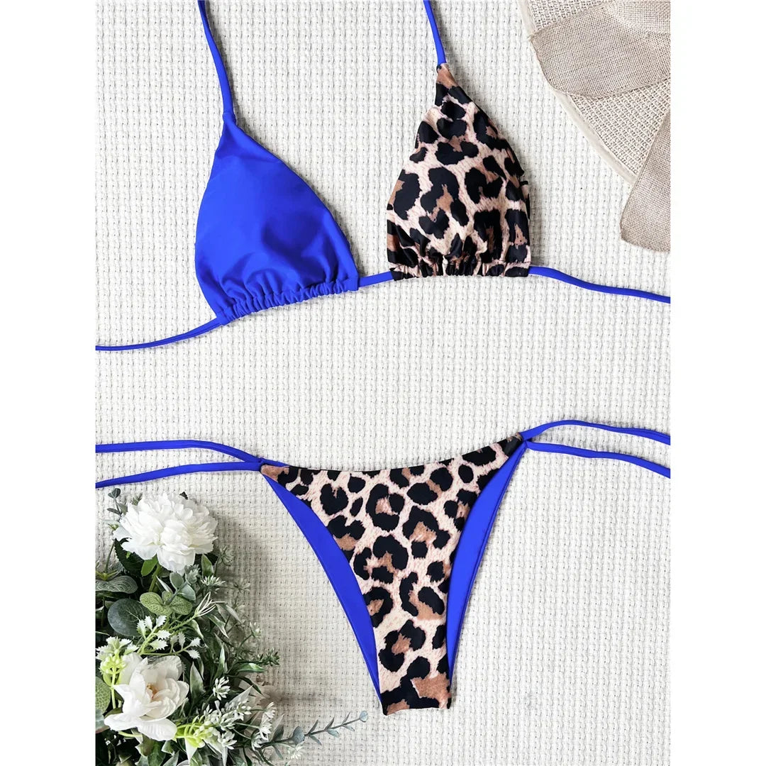 Halter Splicing Leopard Bikinis 2025 Satin Bikini Female Swimsuit Women Swimwear Two-pieces Bikini Set Micro Bathing Suit Swim
