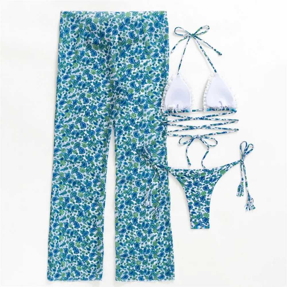 Sexy Floral Print Swimwear 3 Piece Bikini Set with Trousers Swimsuits Women 2025 Micro Thong Bikinis De Mujer Beach Wear Bather