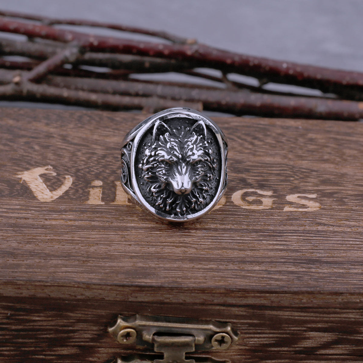 316L Stainless Steel Viking Never Fade Wolf Head Ring Ring Men's Hip Hop Vintage Ring Viking Wolf Jewelry with Wooden Box