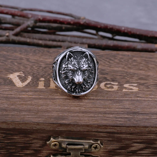 316L Stainless Steel Viking Never Fade Wolf Head Ring Ring Men's Hip Hop Vintage Ring Viking Wolf Jewelry with Wooden Box