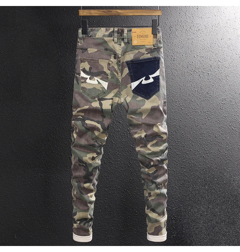 Streetwear Fashion Men Jeans High Quality Stretch Slim Fit Camo Trousers Embroidery Patch Designer Hip Hop Denim Pants Hombre