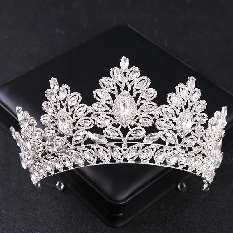Luxury Silver Color Crystal Pearls Bridal Tiaras Crown Baroque Rhinestone Pageant Diadem Bride Headband Wedding Hair Accessories