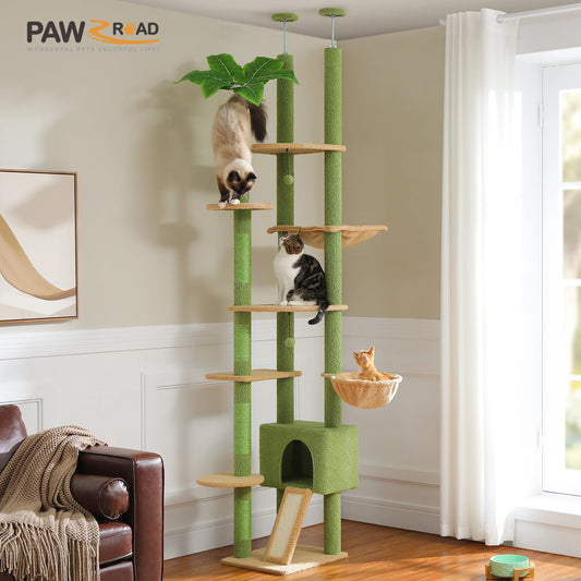 Cactus Cat Tree Floor to Ceiling Cat Tower Adjustable Height with Cat Condo Cozy Hammock and Scratching Post Tall Activity Tree