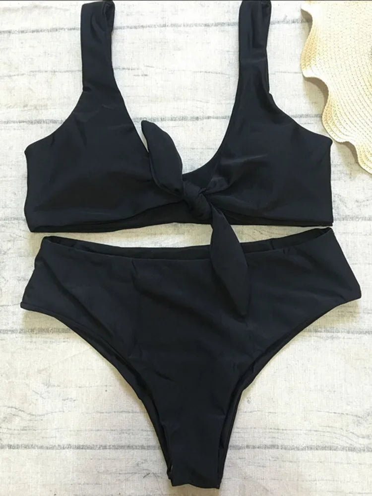 Sexy Front Knotted Bikinis Female Swimsuit High Waist Bikini Women Swimwear Two-pieces Bikini Set Bather Bathing Suit Swim Lady