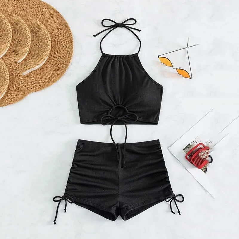 Black Drawstring Swimwear Bikinis Sets Mujer 2025 Crop Top Shorts Bottom Swimsuit Women Sexy Bathing Suit Beachwear Bikini Swim