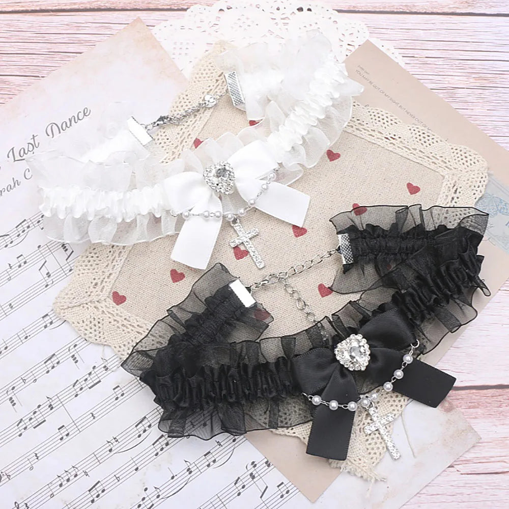 Black White Ruffled Lace Vintage Choker Lolita Punk Y2K Girl Necklace Fashion Chain Girl Cool Necklace for Women with Cross