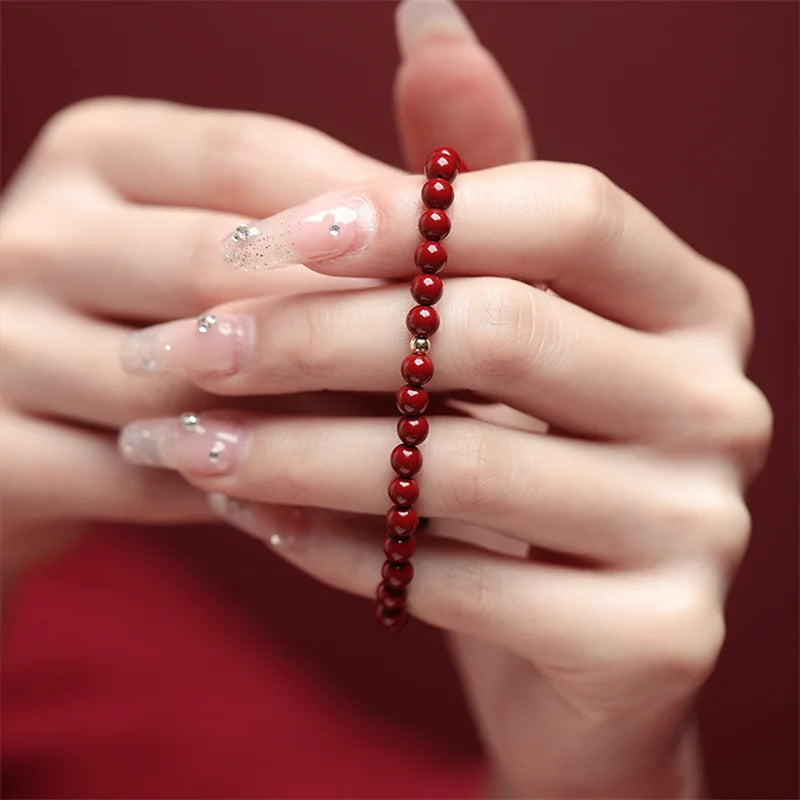 Lucky Imitation of Hotan Jade Cinnabar Red Gold Color Bead Natural Stone Beaded Bracelet for Women Bracelet Party Good Luck Gift