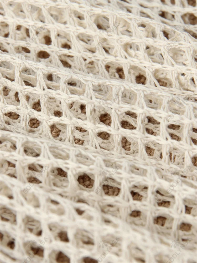 Solid Colour Beach Knit Mini Dress Women's Summer Sexy Hollow Out Long Sleeve Swimsuit Cover Up Boho Holiday Loose Beachwear K17