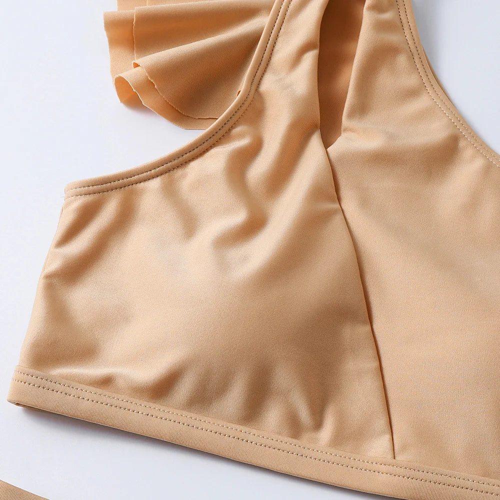 One Shoulder Bikinis 2025 Women Ruffle Swimsuit Solid High Waist Swimwear Female Padded Bathers Bathing Swimming Suit Beachwear
