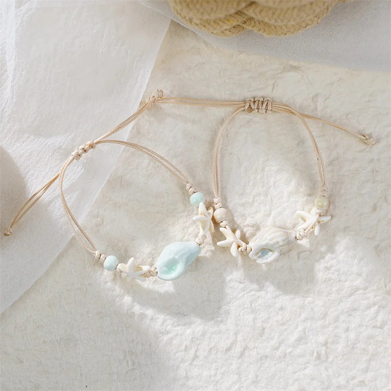 Bohemian Conch Starfish Shells Beaded Bracelets for Women Girls Boho Style Shell Beaded Beach Bangles Jewelry Gift Adjustable