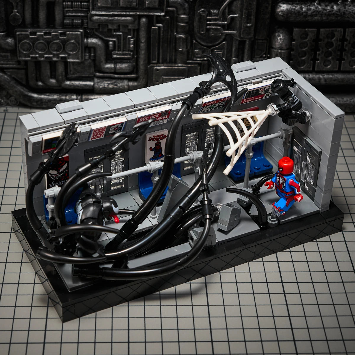 MOC scene: Marvel Venom vs. Spider-Man in the subway. Spider-Man's assembled toy bricks. Christmas gift for a boy and a girl.