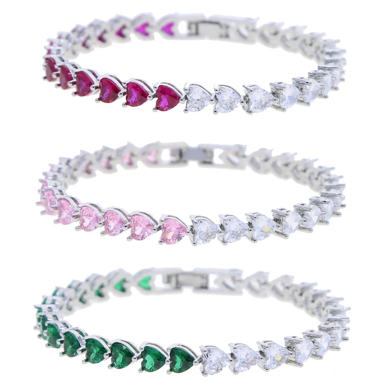 Iced Out Bling White Pink Heart Cubic Zirconia CZ Tennis Chain Bracelet 17cm 19cm 21cm Iced Out Bling Girlfriend Gift Jewelry