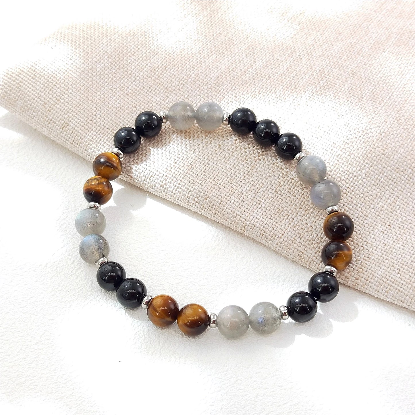 Lii Ji Natural Black Tourmaline Tiger's Eye Labradorite 8mm Elastic Bracelet