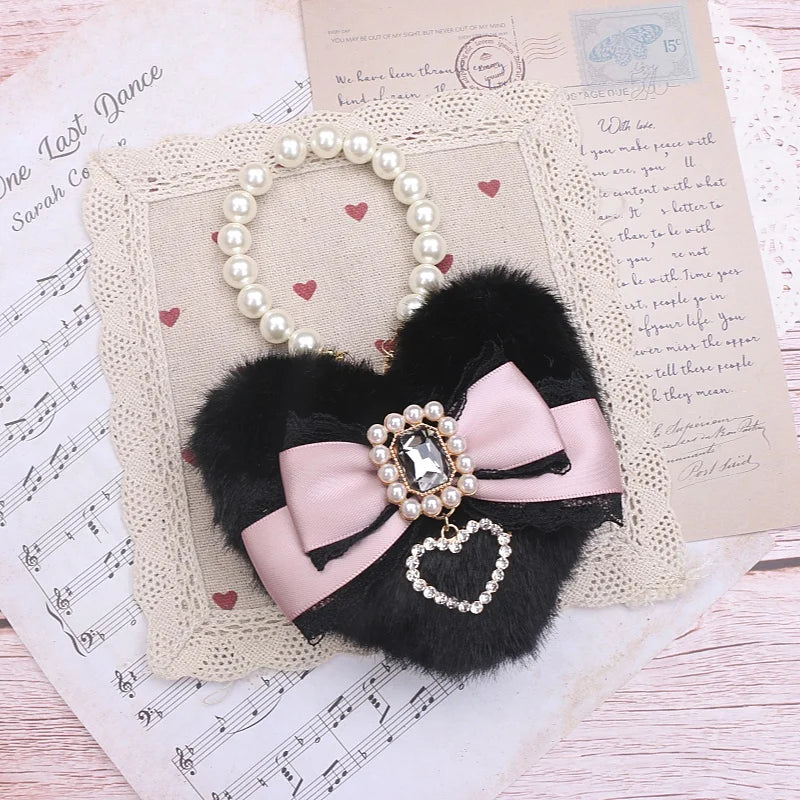 Romantic Bag Ornament Plush Heart Pearls  Keychain Bag Decor Keyring Sweet Ita Bag Pendant Handmade Bow Accessories Keychain