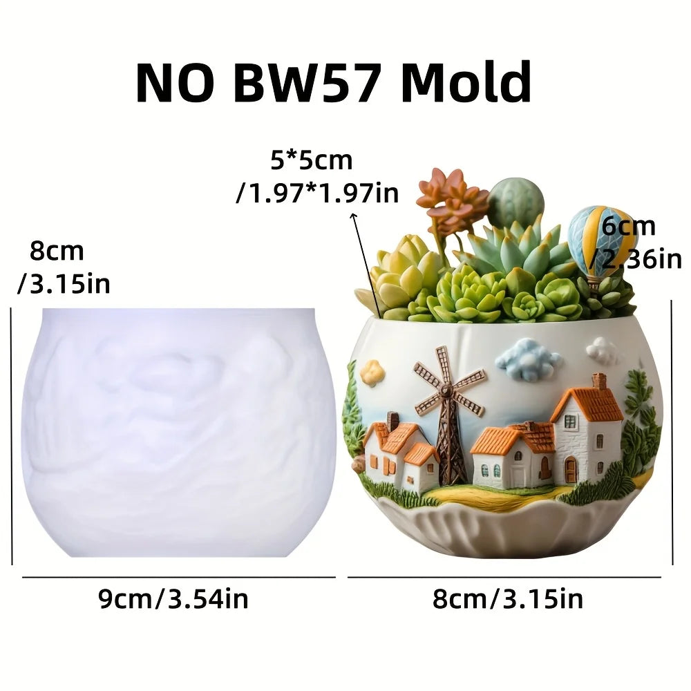 Windmill Town Succulent Plant Pot Silicone Mold  Windmill Town House Relief  Flower Pot Resin Mold Dream house storage box molds