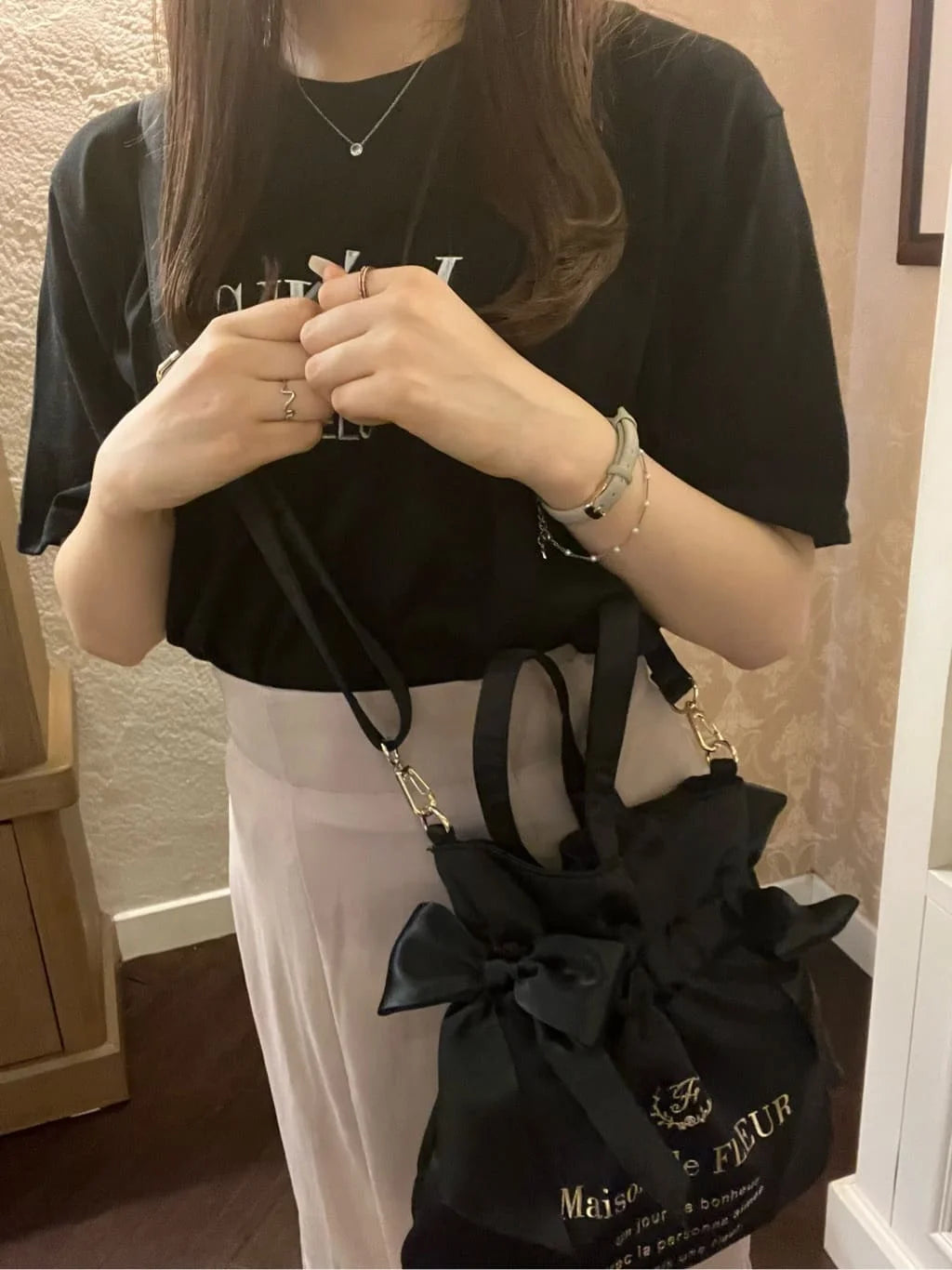 Japanese New Satin Double Bow Portable Shoulder Crossbody Women Bags with Long Shoulder Straps Sweet Letters Tote Bags