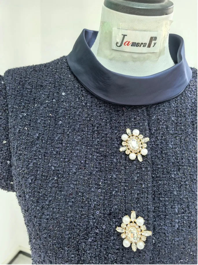 Maxi Formal Luxury Evening Dresses Women Summer Autumn Single Breasted Crystal Satin Tweed Long Dress Blue Party Dinner Vestidos