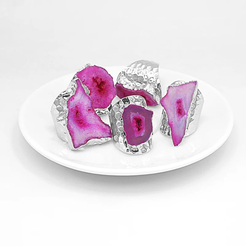 Irregular Geode Stone Agate Slices Open Ring for Women Girls  Silver Color Boho Resizable Finger Jewelry