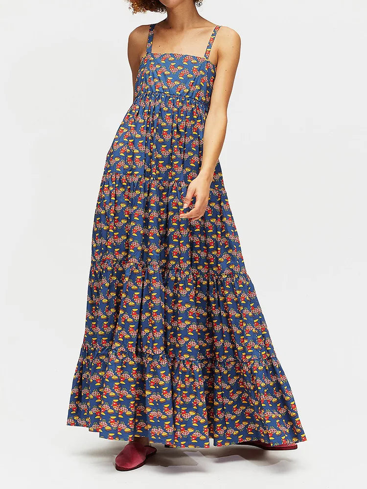 Square Collar Backless Patchwork Maxi Dress, Women Summer Sleeveless Print Party Dress, 2024 Casual Elegant Ladies Dress Vestido