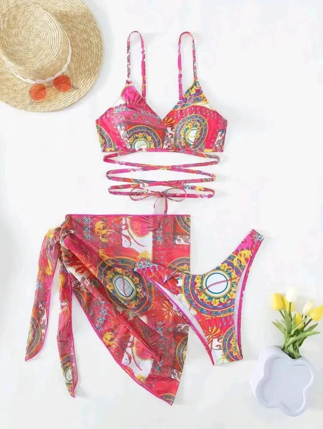 3 Pieces String Bikinis 2025 Women Sexy Swimsuit With Skirt Printed Swimwear Female Bathers Bathing Swimming Swim Suit Beachwear