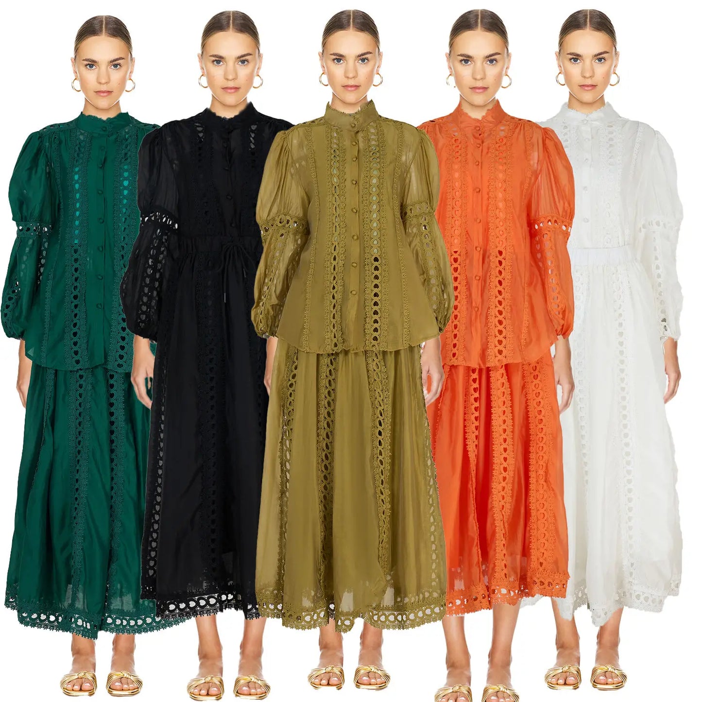 Elegant Embroidery Long Dress 2 Piece Set Women Summer Autumn Hollow Out Crochet Shirts Elastic Waist Long Maxi Skirt Suits