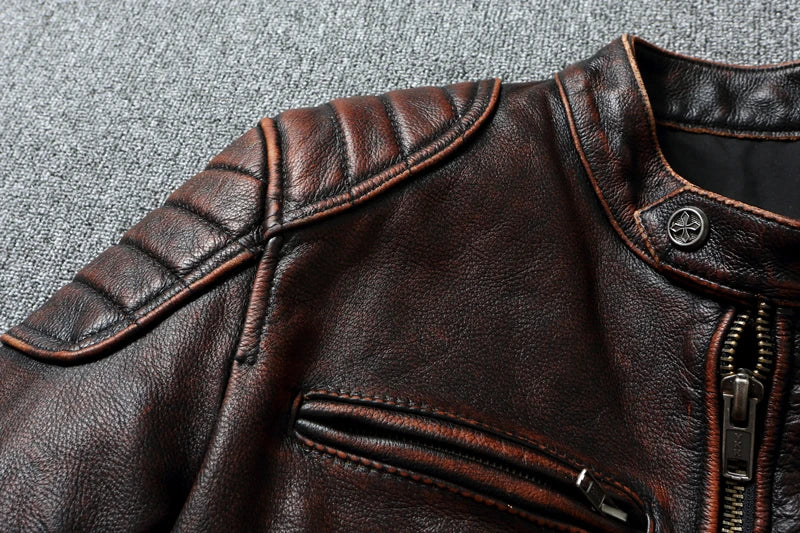 Vintage Red Brown Men Leather Jacket 100% Cowhide Jackets Slim Fit Soft Skin Coat Autumn Jaqueta Masculina De Couro