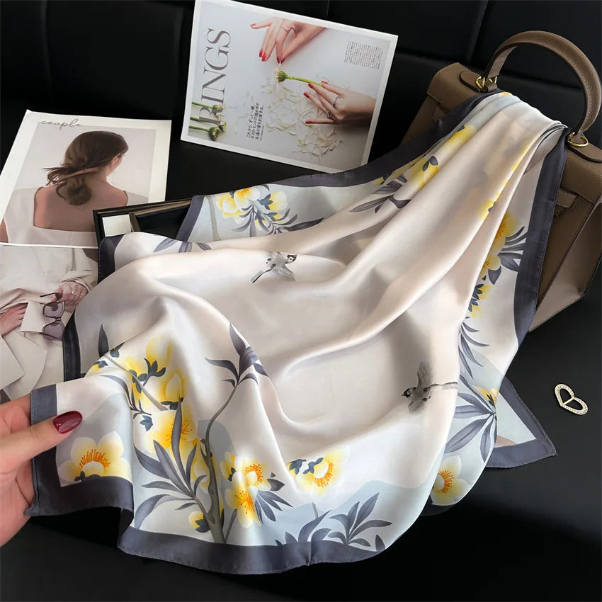 Imitated Silk Headcloth Fashion Flower Print Square Shawls Popular 70X70cm Bandanna Kerchief Sun Protection Silk Scarves Tie Bag