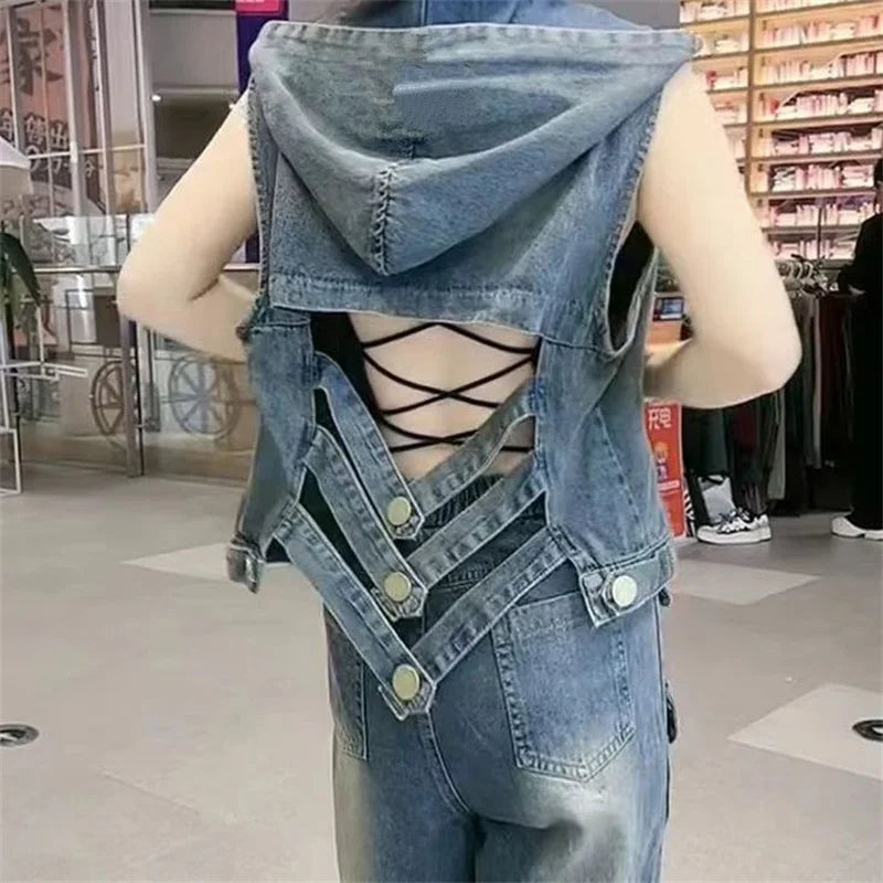 Fashion Fashion Backless Hooded Denim Vest 2025 Spring Summer Autumn New Korean Women's Vest Jacket Sleeveless Denim Jacket Top