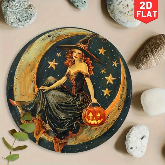 Vintage Witch on the Moon Metal Sign - Round Halloween Wall Art for Home, Cafe & Restaurant Indoor/Outdoor Decoration