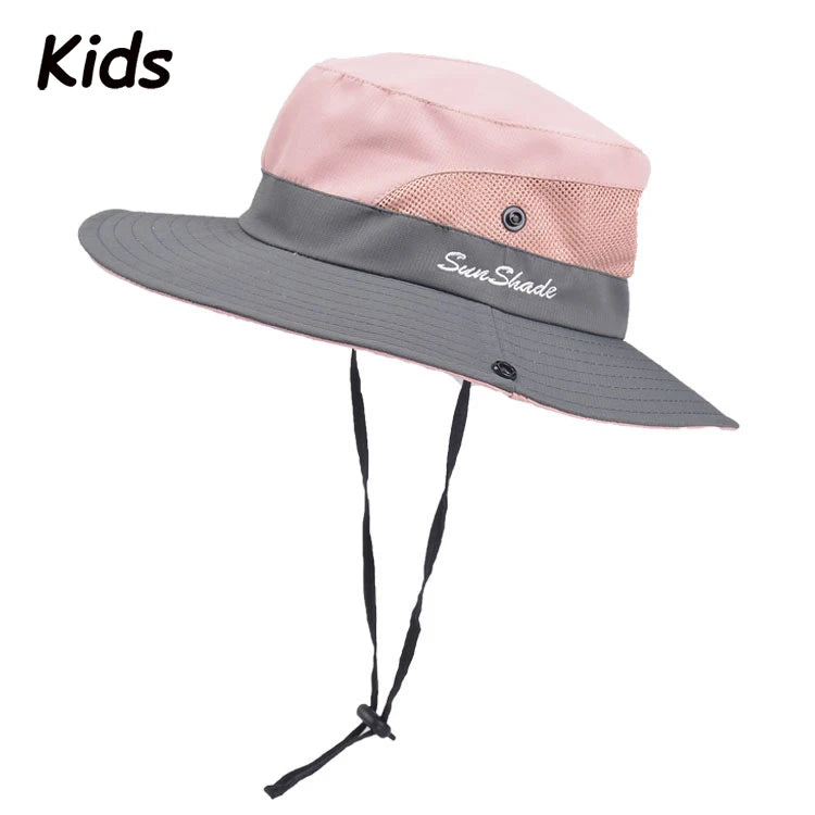 Women Summer Adjustable Bucket Hat with a Ponytail Hole Girls Sun Protection Hiking Cap Parent-child Outdoor Wide Brim Headgear