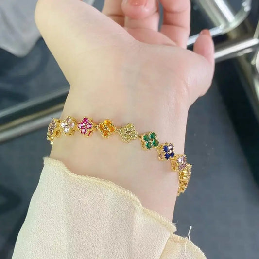 UILZ 1pc Rainbow Colorful Clover Zircon Bracelet Fashion Charm Gorgeous Charm Exquisite Cute Sweet Shining Crystal Jewelry Gift