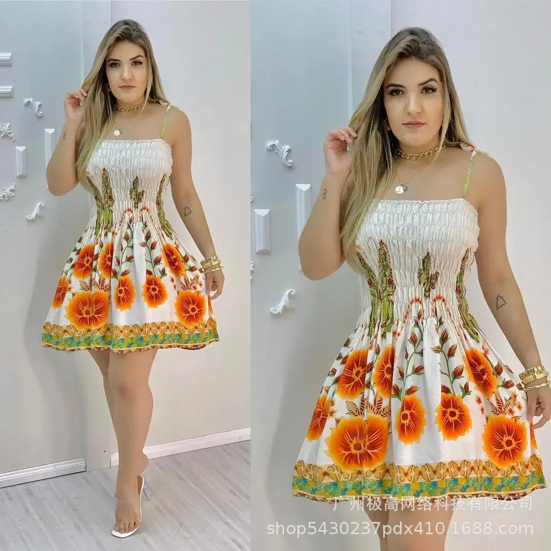 Floral Flower Printed Women Sleeveless Mini Dress Slash Neck High Waist Pleated Dress