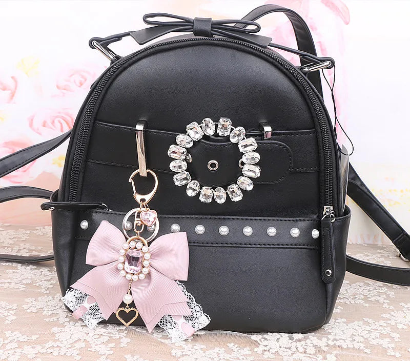 Japanese Sweet Cute Handmade Rhinestone Bow Hairpin Pearl Lace Hairclips Lolita Women Girls Side Clip Bag Pendant Handbag Charms