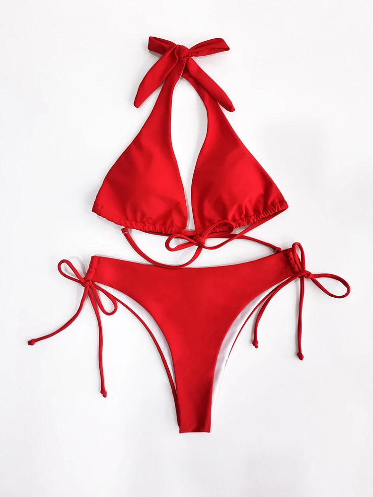 Sexy Halter Bikini Swimsuit Women Low Waisted 2025 New Black/Red/Rose Beach Bathing Suit Bandage Brazilian Swimwear Two Pieces
