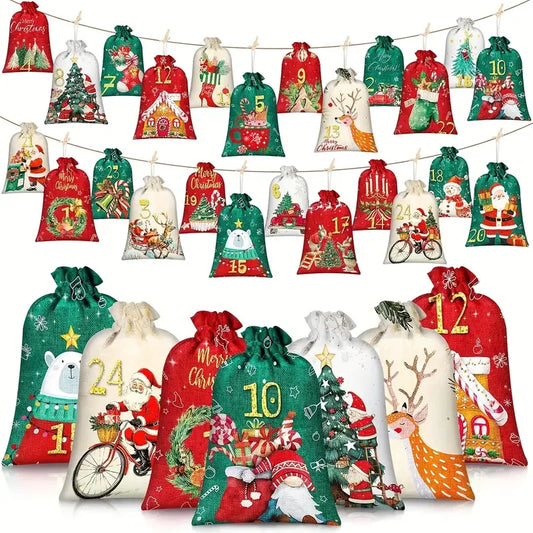 24Pcs Christmas Advent Calendar Number Bags Christmas Gift Burlap Drawstring Bags DIY Countdown Advent Calendar Set with Rope