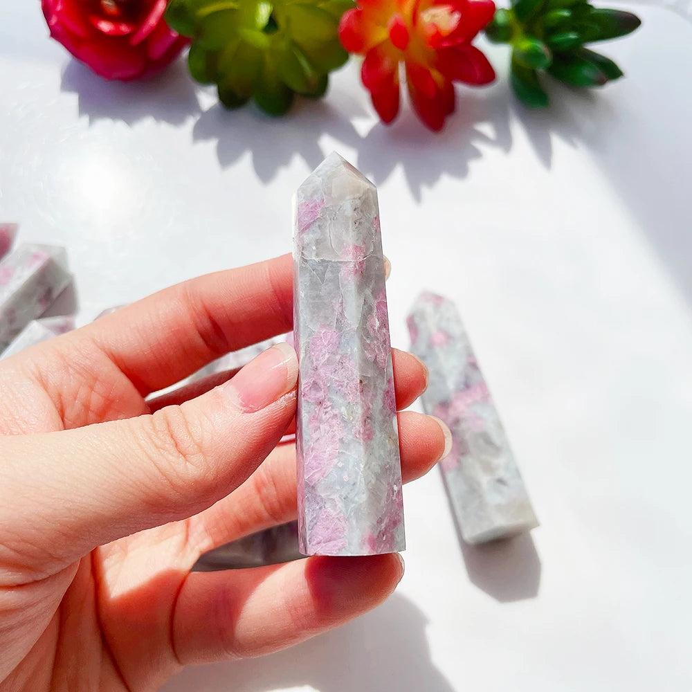 Beautiful Natural Quartz Tower Healing Plum Blossom Tourmaline Crystal Point Faceted Prism Wand Energy Ore Mineral Home Decor