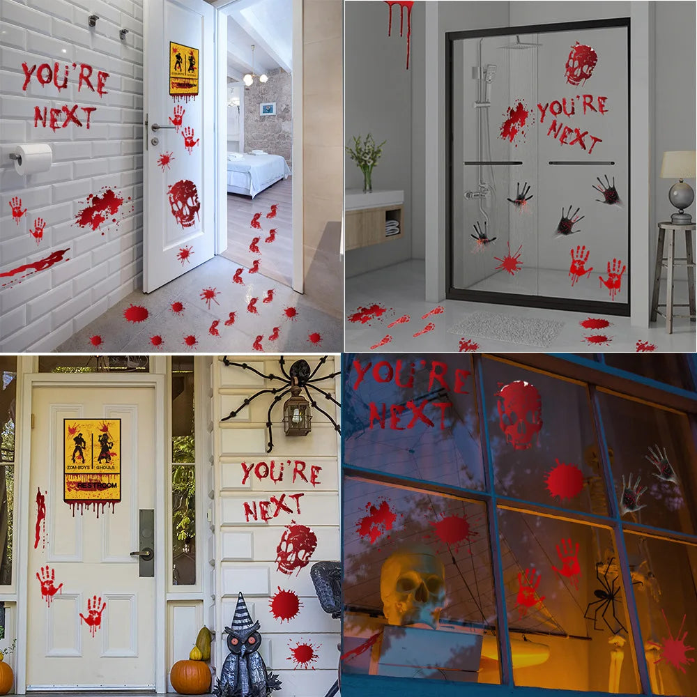 Halloween Window Bathroom Decor Horror Bloodstain Wall Sticker Bloody Handprint and Footprint Wall Decal Haunted House Decor