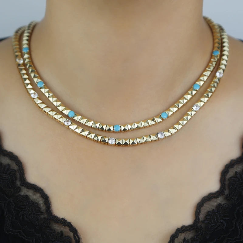 High Quality Simple Geometric Women Jewelry Fashion Gold Color White CZ Blue Turquoises Beaded Chain Bracelet Necklace