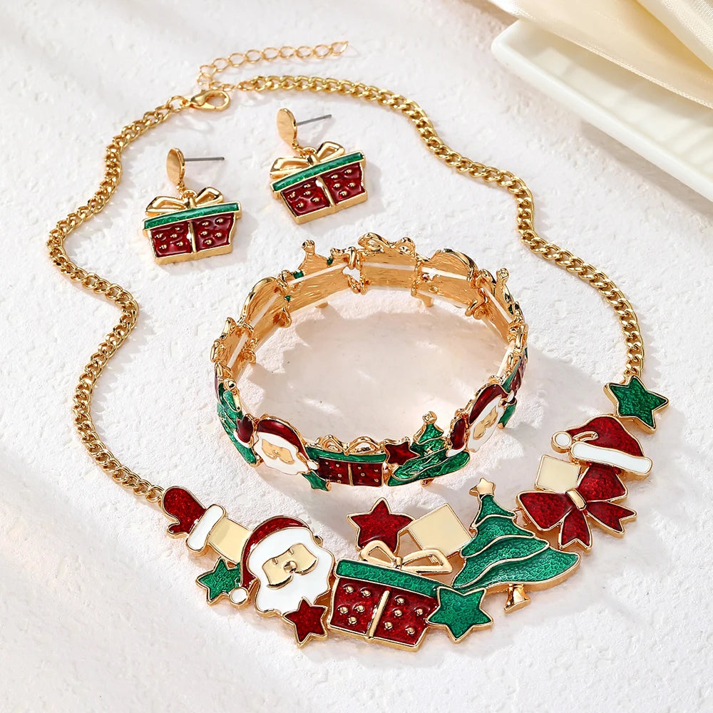 Christmas Gift Santa Claus Christmas Tree Necklace Cute Elastic Bracelet Stainless Steel Ear Pin Alloy Drop Glaze Earring Set