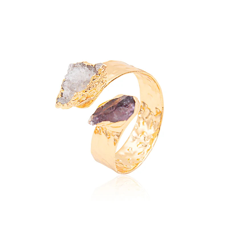 Irregular Raw Crystal Quartz Open Ring for Women Girls Gold-color Boho Amethyst Finger Jewelry Resizable