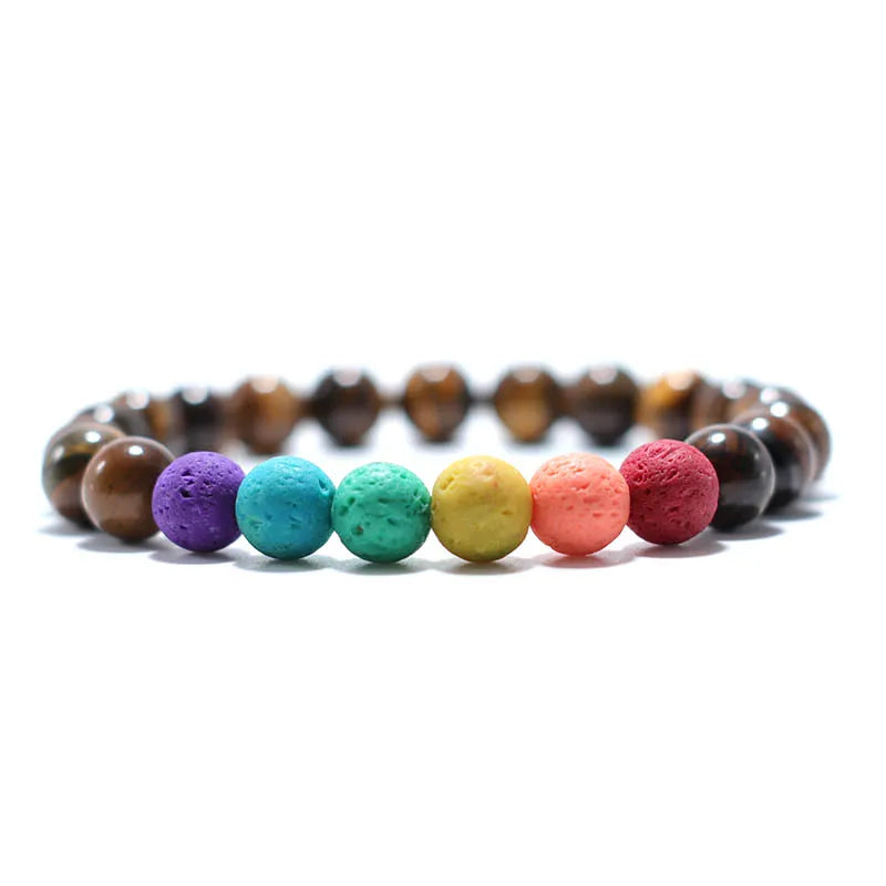 Colorful Lava Stone Bracelet Men Women 8mm Natural Onyx Tiger Eye Beaded Braclet Rainbow Friendship Brass Braslet