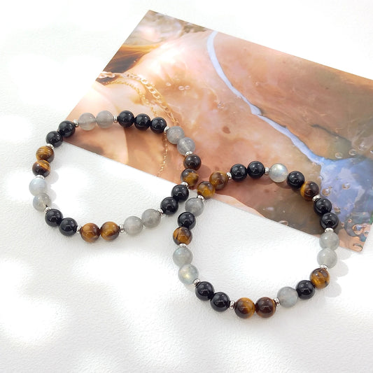 Lii Ji Natural Black Tourmaline Tiger's Eye Labradorite 8mm Elastic Bracelet