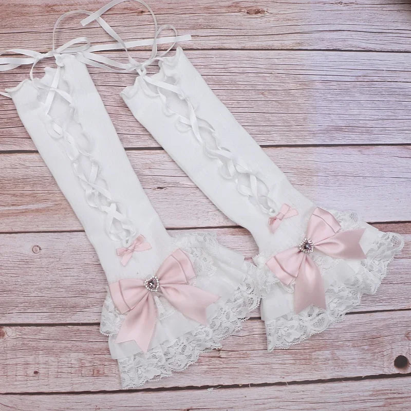 Handmade Sweet Women's Lolita Mine Lace Bow Rhinestone Oversleeves Girls Japanese Style Lace Sleeves Mittens