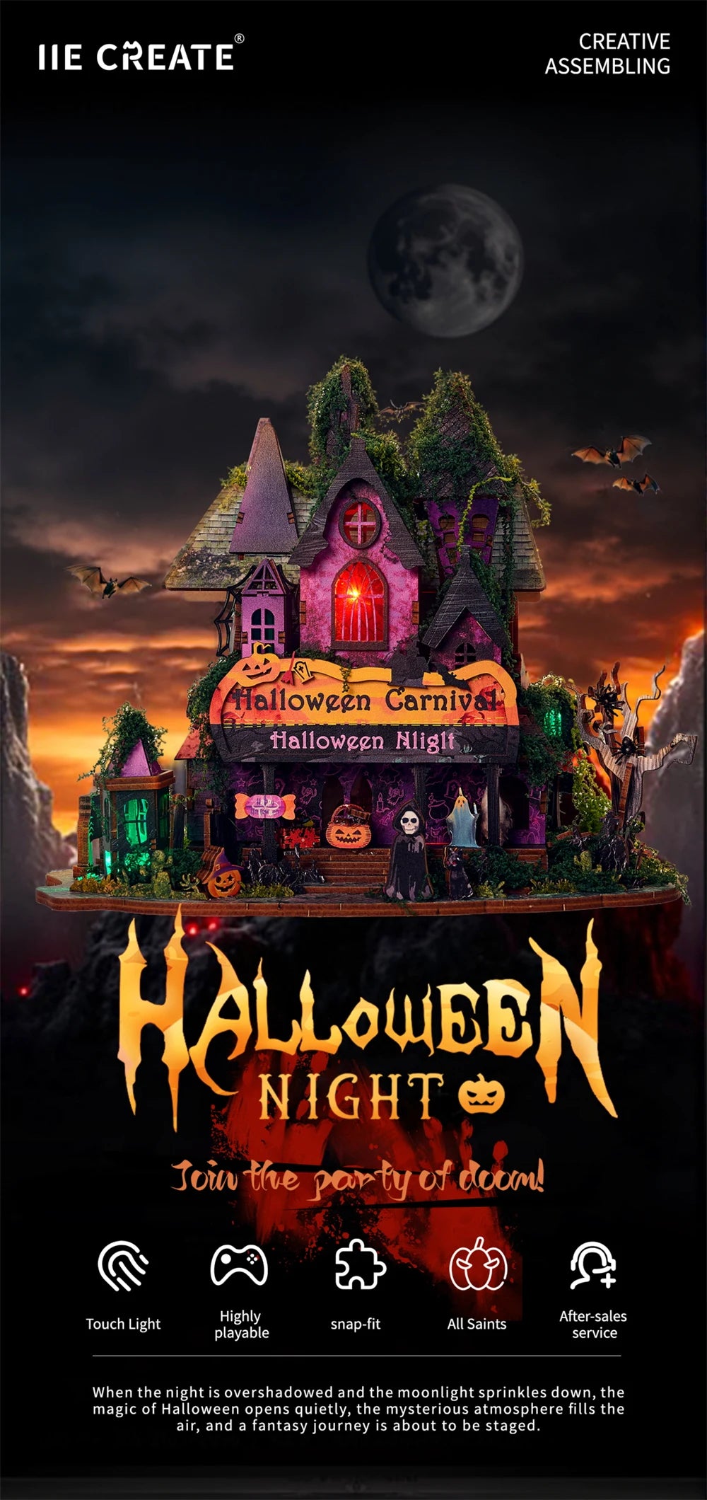 Retro DIY Wooden Halloween Night House Figurines Miniatures Kits With LED Lights Home Desk Decoration For Adult Handmade Gifts
