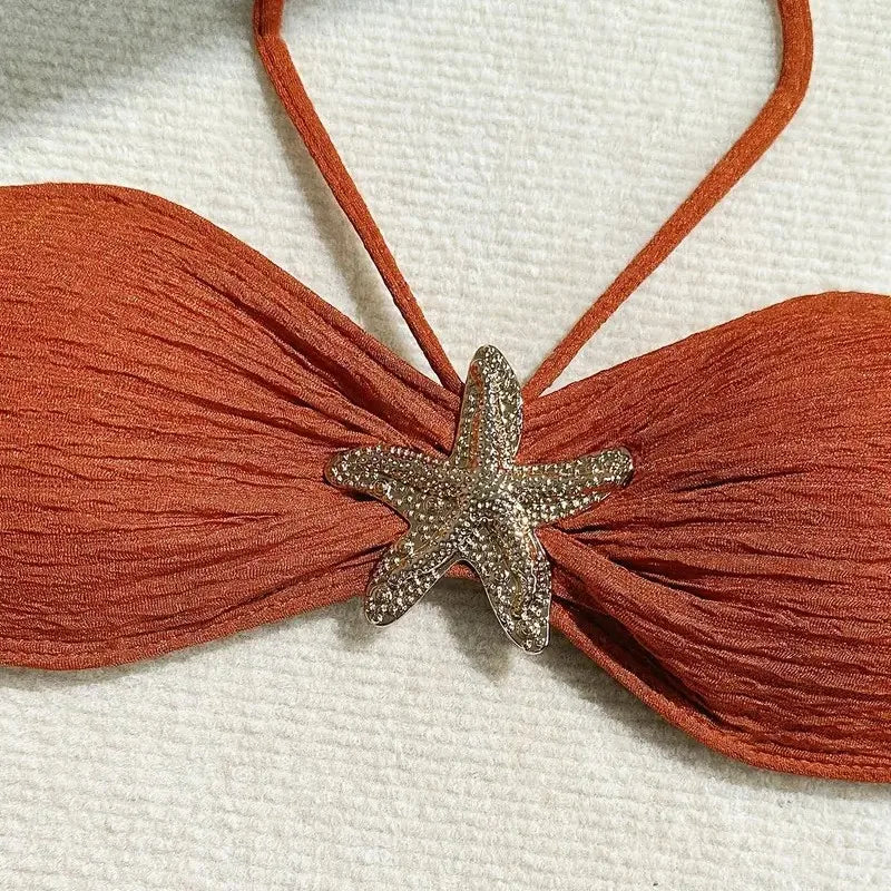 Sexy Metal Starfish Bikinis Set Women Brown Bandeau Push Up Mesh Skirt 3 Piece Swimsuit 2025 Beach Bathing Suit Holiday Swimwear