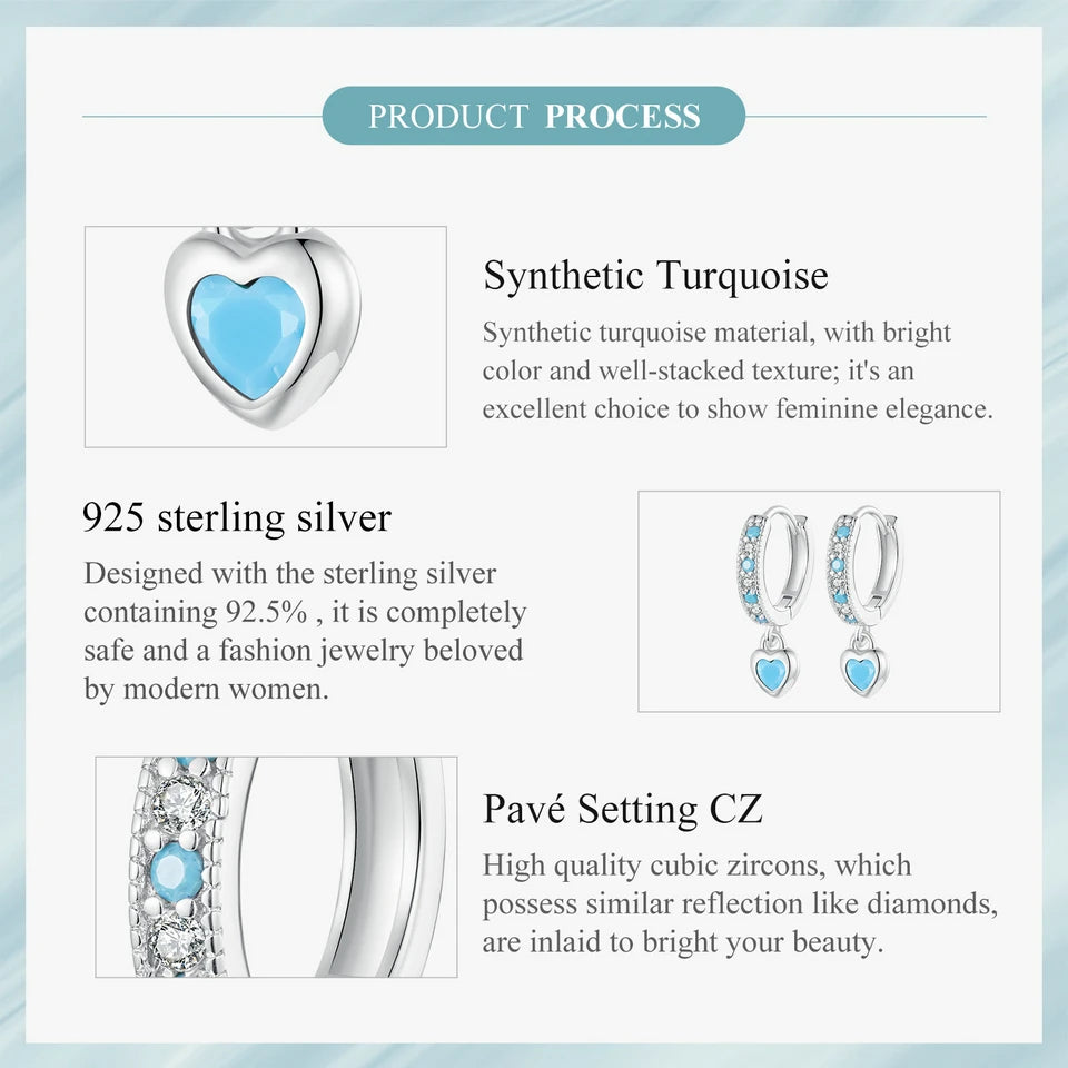 WOSTU 925 Sterling Silver Blue Heart-shaped Turquoise Hoop Earrings For Women Shiny CZ Drop Dangle Earrings Pendientes Jewelry
