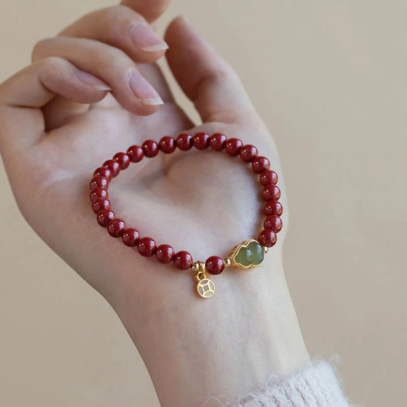 Lucky Imitation of Hotan Jade Cinnabar Red Gold Color Bead Natural Stone Beaded Bracelet for Women Bracelet Party Good Luck Gift